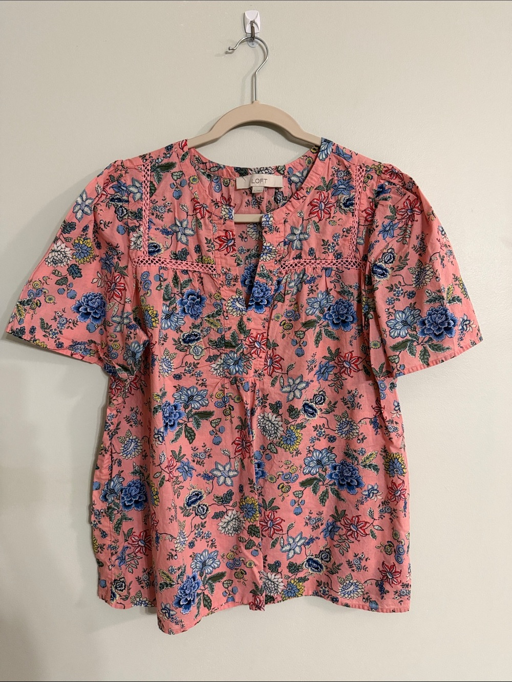 LOFT Pink Floral Short-Sleeve Blouse with Blue & Green Print
